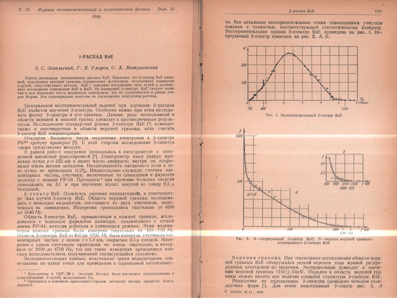 First page of beta-decay of RaE article by Zavelsky, Umarov, Matushevsky, JETP 1949, page 1137, showing experimental beta-spectrum of RaE
